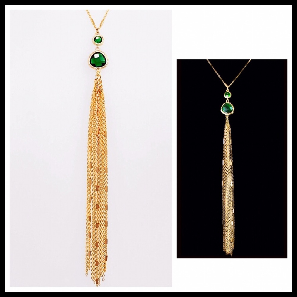 LONG EMERALD STONE TASSEL LONG NECKLACE A2C - Picture 6 of 8